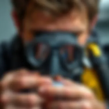 Person maintaining and cleaning a diving mask