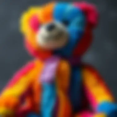 A close-up of a rainbow teddy bear showcasing its bright colors