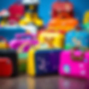 Variety of colorful pencil cases shaped like bags displaying different designs.