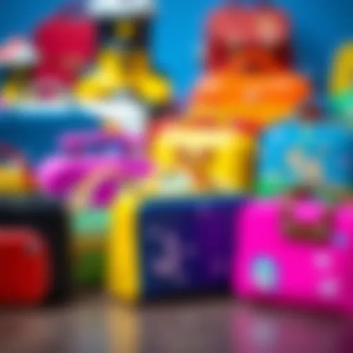 Variety of colorful pencil cases shaped like bags displaying different designs.