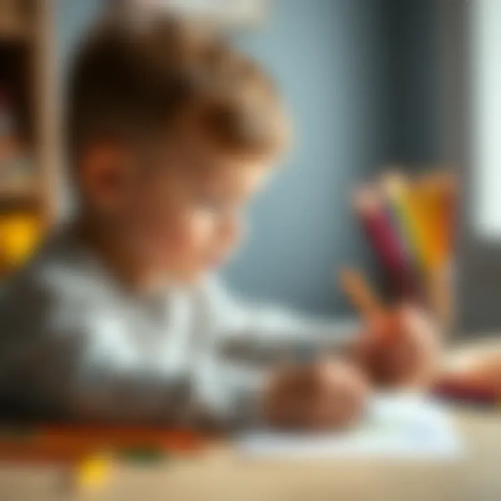 Child engaging in a creative drawing session with colored pencils