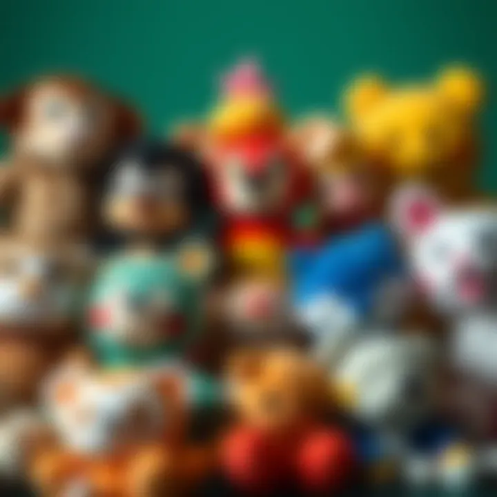 An array of plush toys representing various characters, highlighting the creativity in toy design