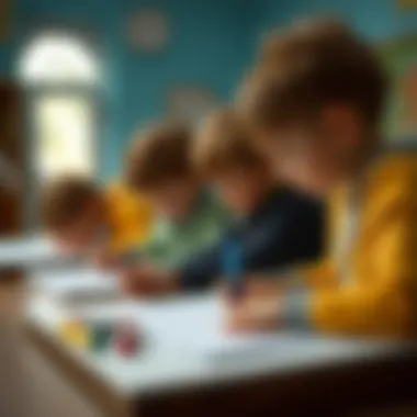 Graphic displaying children engaging with writing exercises on lined paper.