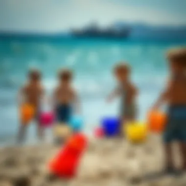 Children playing with beach buckets at the shore