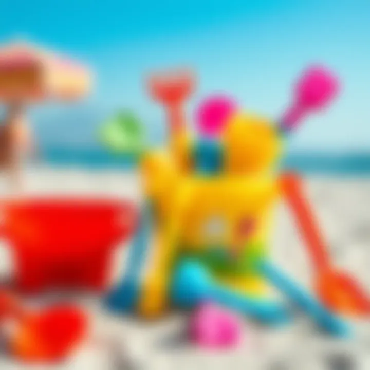 Colorful beach bucket set with various tools