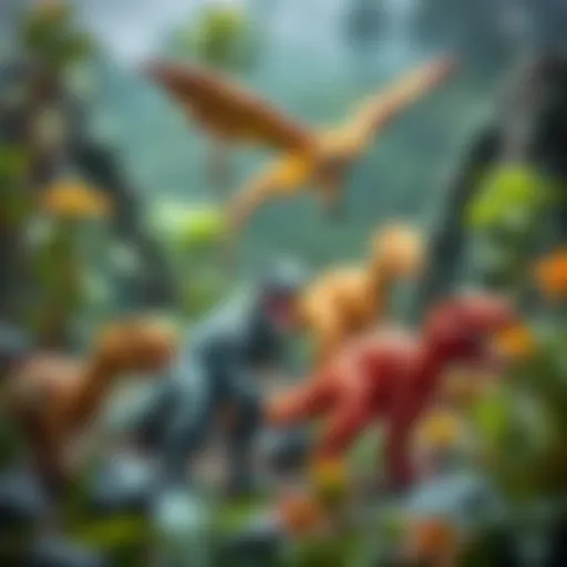 A vibrant illustration depicting various dinosaur species in their natural habitats