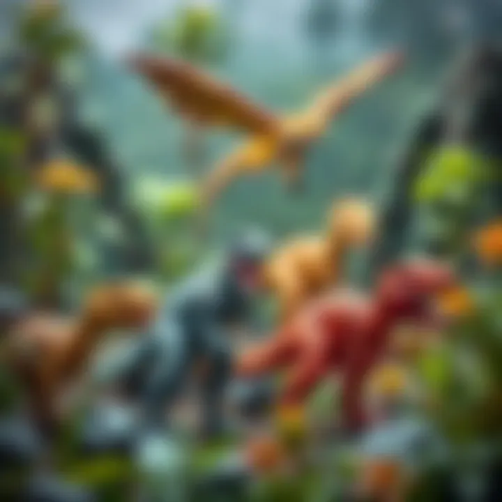 A vibrant illustration depicting various dinosaur species in their natural habitats