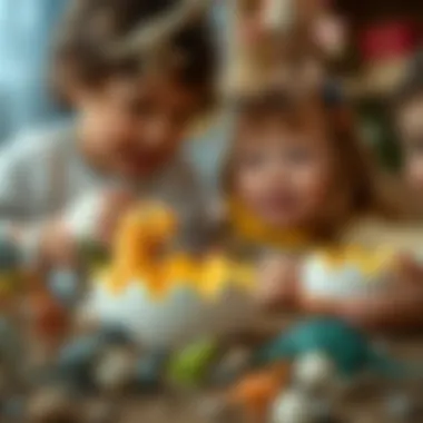 Children engaged in educational dinosaur egg activity