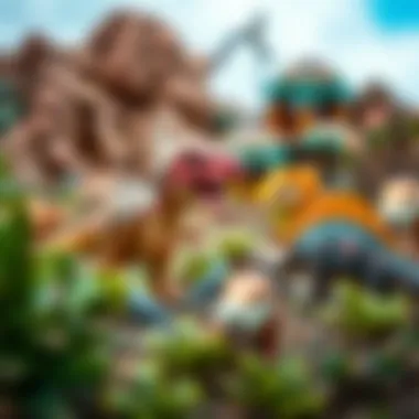 A colorful representation of dinosaurs interacting in a prehistoric landscape