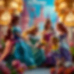 A vibrant illustration of Disney princesses engaging with children in a magical setting.
