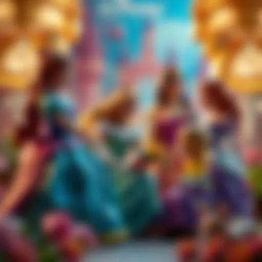 A vibrant illustration of Disney princesses engaging with children in a magical setting.