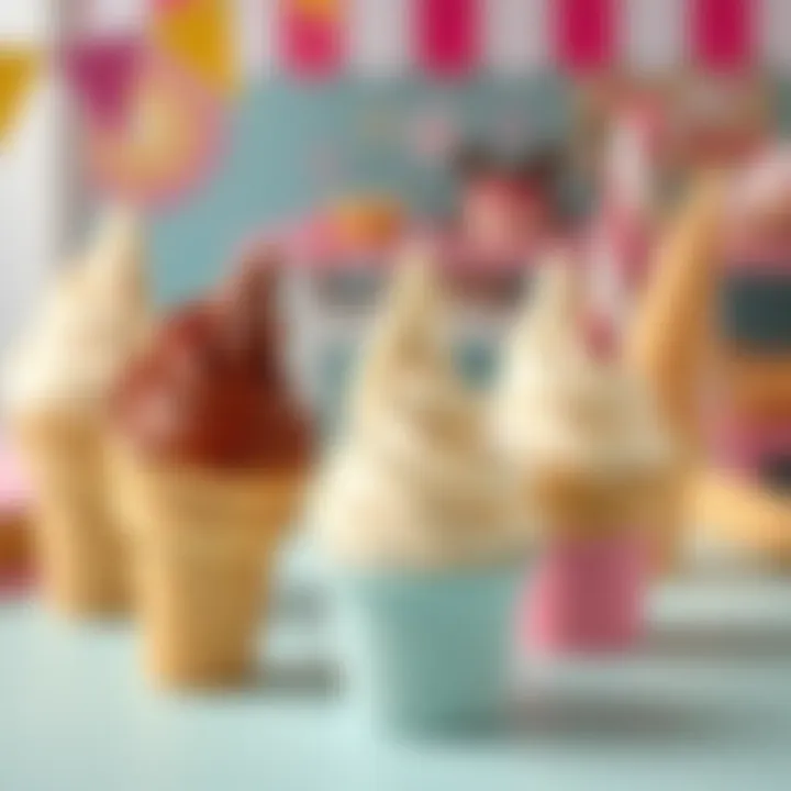 Close-up of ice cream scoops and cones in a playful setting