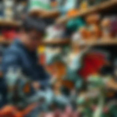 A parent selecting dragon toys for their child