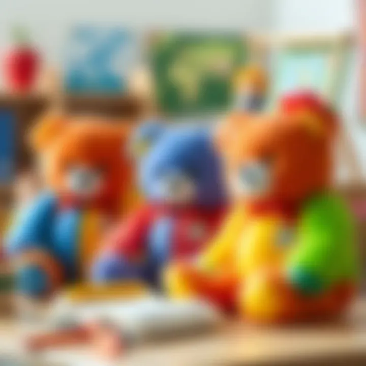An educational setting featuring rainbow teddy bears as learning tools