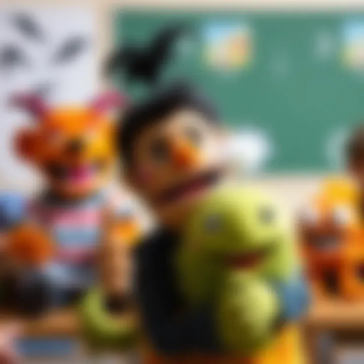 An educational setting where children learn about emotions using monster puppets.