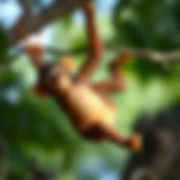 A playful monkey swinging from a tree branch