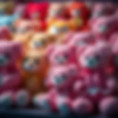 A colorful array of pink teddy bears with various designs