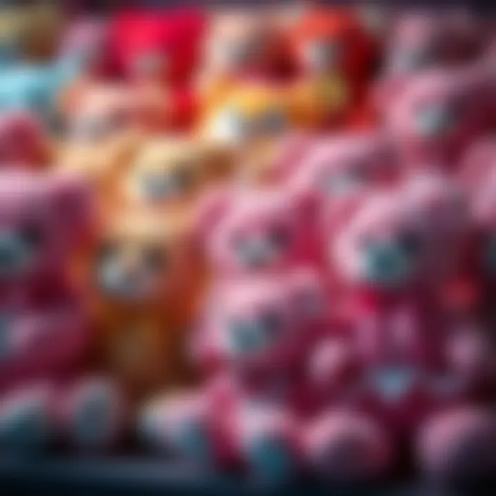 A colorful array of pink teddy bears with various designs