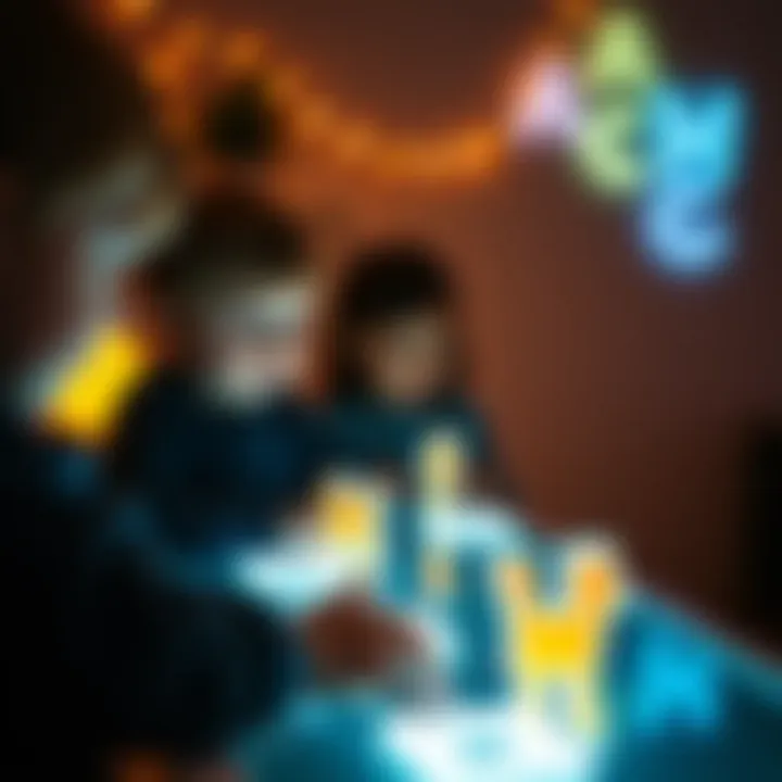 Children interacting with glowing alphabet designs