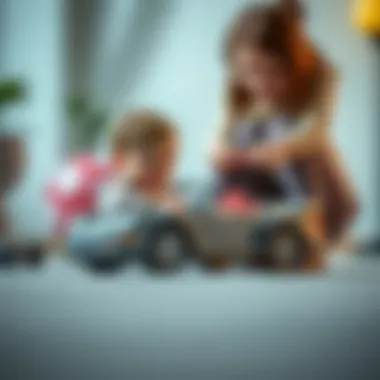 A parent and child enjoying playtime with the gray small car