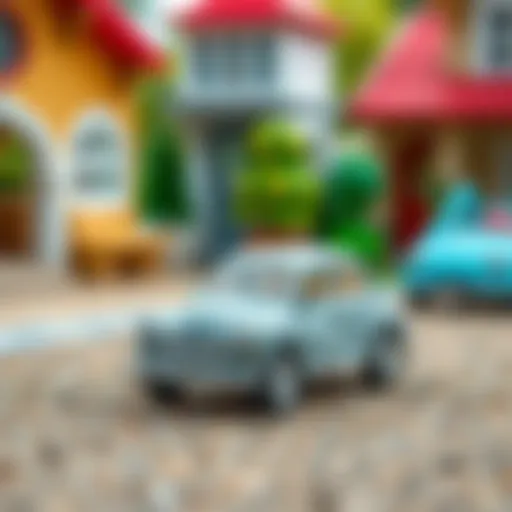 A whimsical illustration of a small gray car in a playful environment