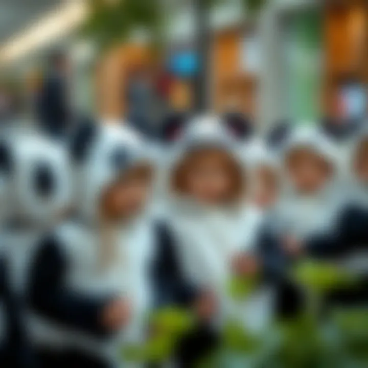 A group of children in panda costumes participating in a creative activity