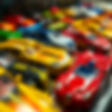 A close-up of various Hot Wheels cars lined up, highlighting their detailed designs.
