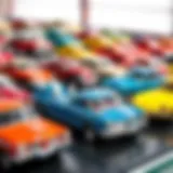 Classic Hot Wheels cars lined up in a display