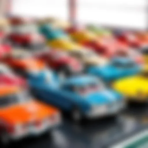 Classic Hot Wheels cars lined up in a display