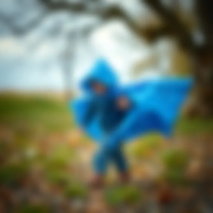 A child wearing an invisibility cloak while playing outdoors.