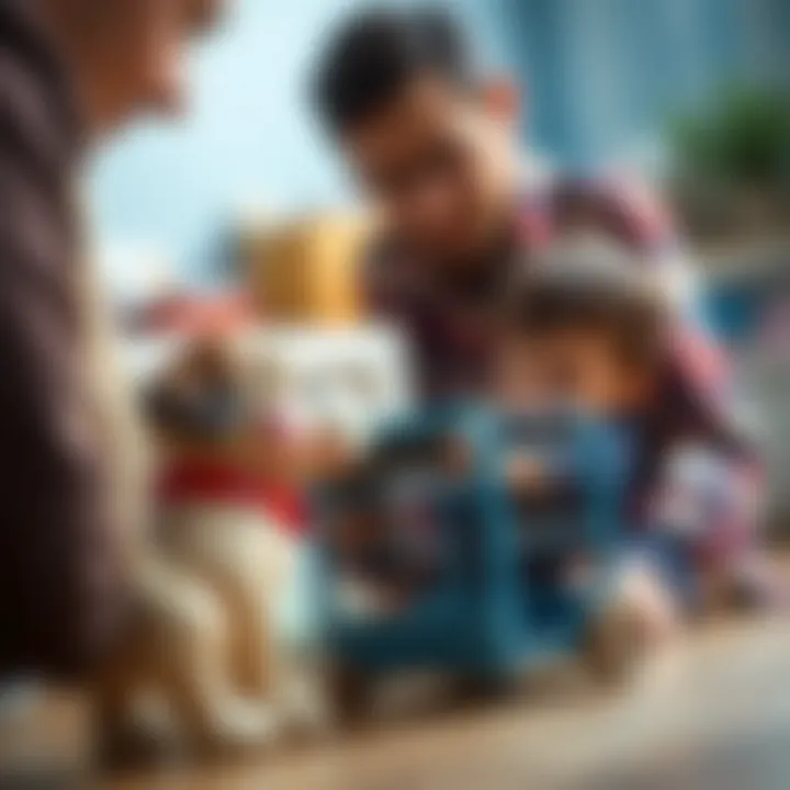 A parent observing a child interacting with a cage toy dog, emphasizing parental involvement in playtime.
