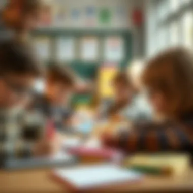 Children using covered stationery in a classroom setting.