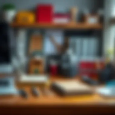 An organized workspace featuring covered stationery items.