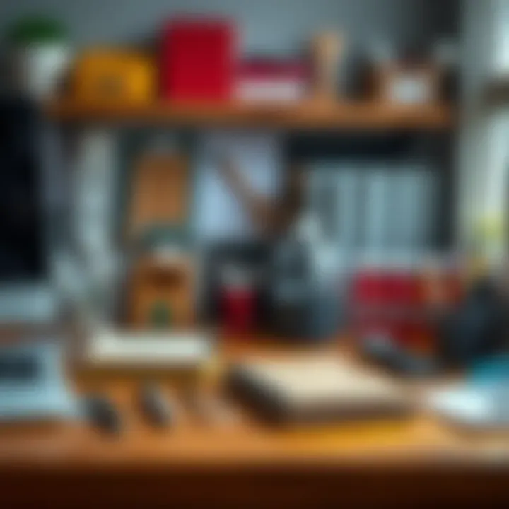 An organized workspace featuring covered stationery items.