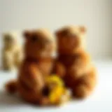 Colorful capybara plush toys arranged playfully