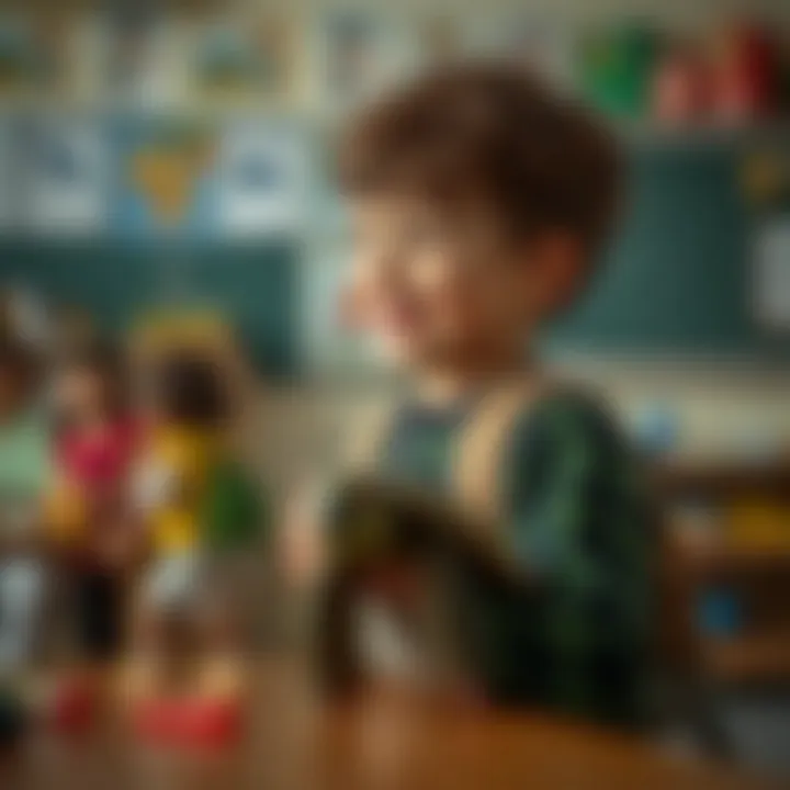 A child happily using a turtle backpack in an educational setting