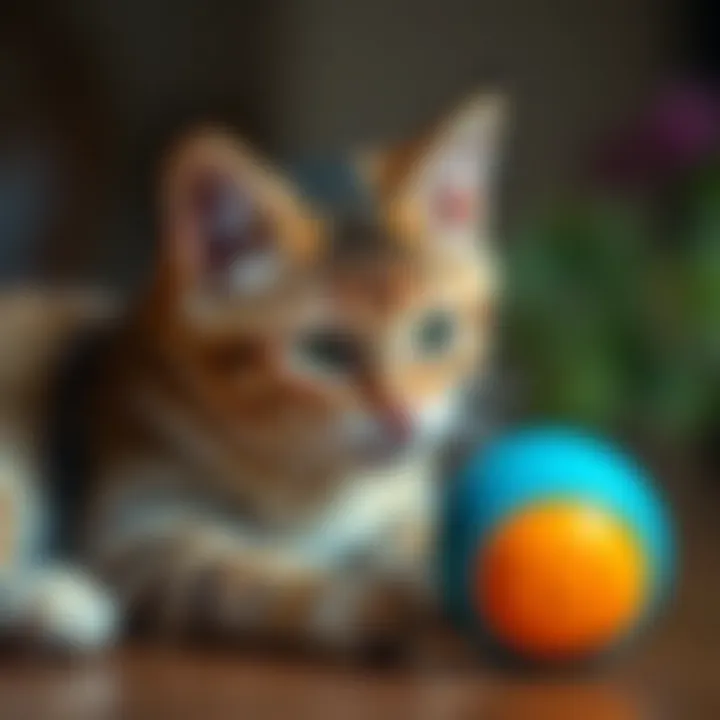 A cat engaging with a ball toy, enhancing its instincts