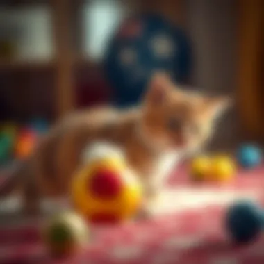 A cat playing with a ball toy, showcasing agility