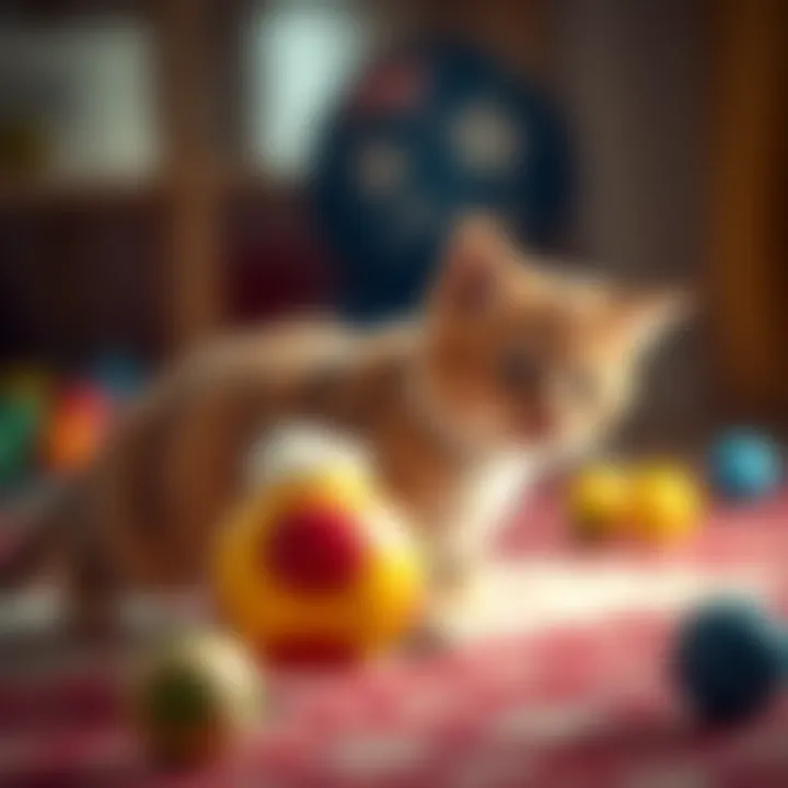 A cat playing with a ball toy, showcasing agility