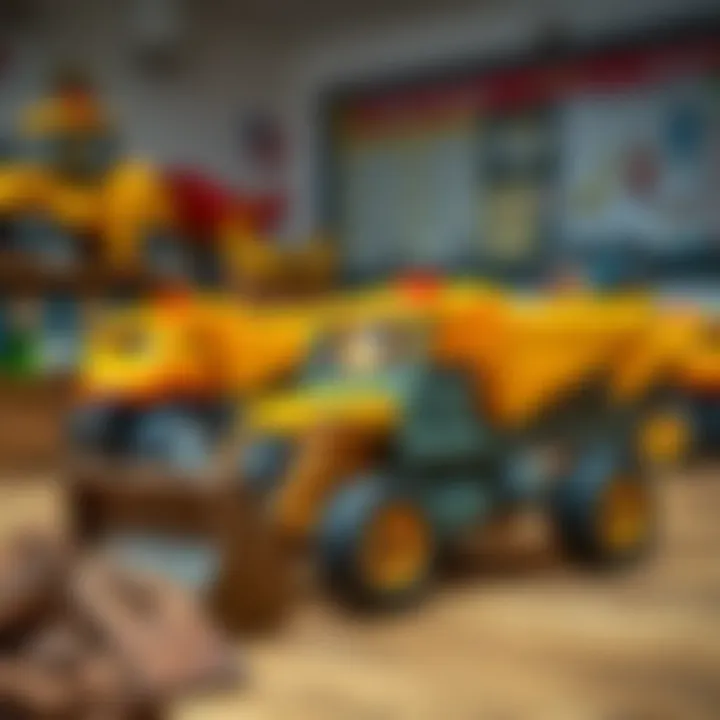 A classroom setting with educational toys, including digger trucks