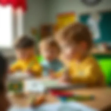 An educational scene where kids are engaged with Kral Şakir coloring books in a classroom setting.