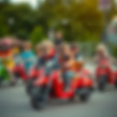 Group of children playing with three-wheeled motors