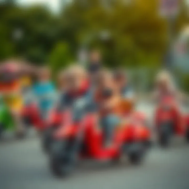 Group of children playing with three-wheeled motors