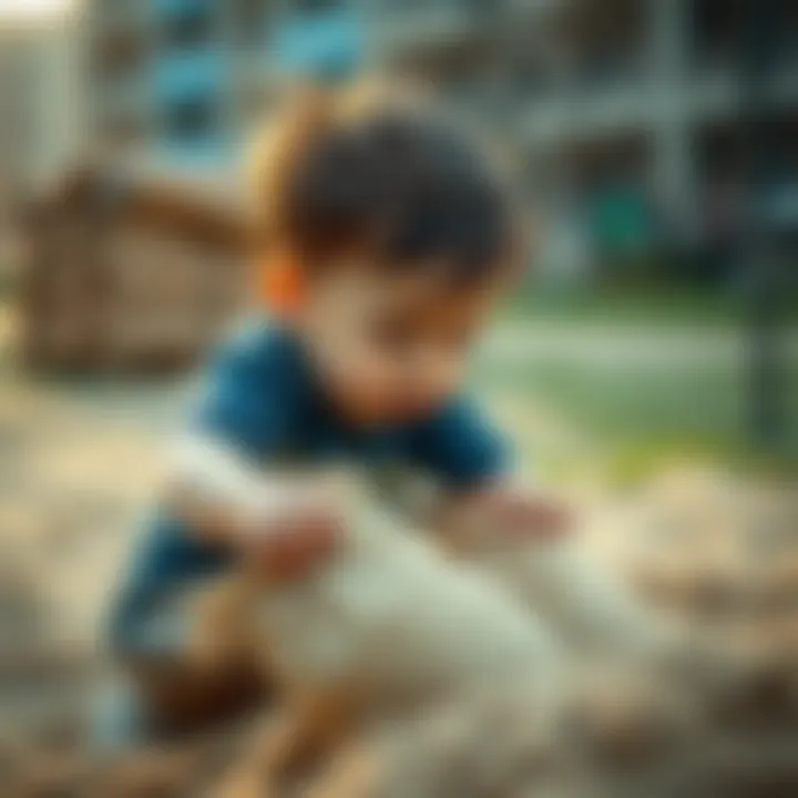 Child playing with a sandbag for physical development