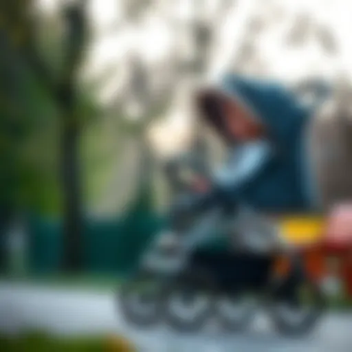 A stylish large-wheeled stroller in a park setting
