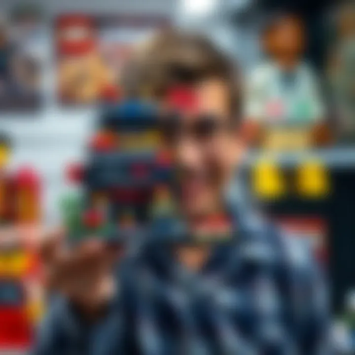 An adult enthusiast displaying an intricate Lego model, representing the appeal to all ages