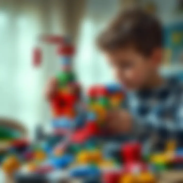 A child engaged in building a complex Lego structure, showcasing focus and imagination