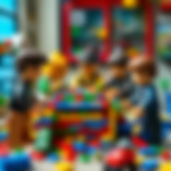 A group of individuals collaborating on a large Lego project, illustrating teamwork and social interaction