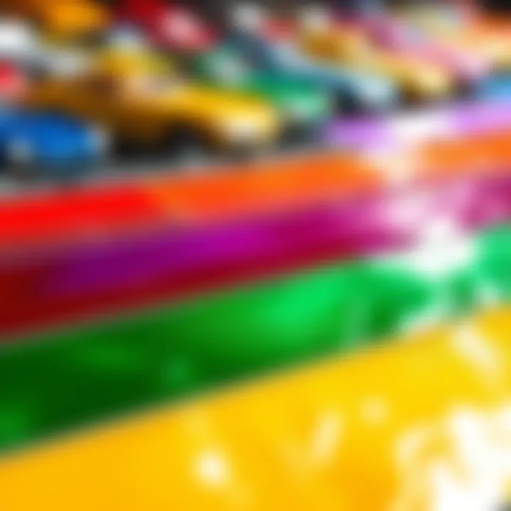 A vibrant display of color options for metallic car paint