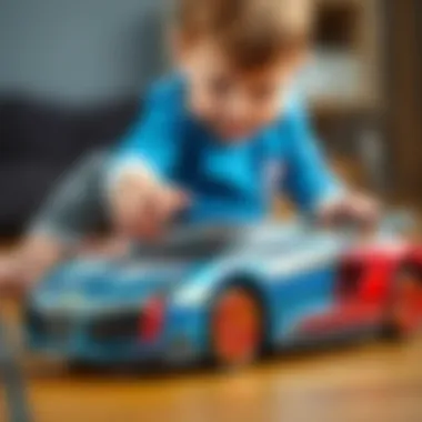 Child playing with a toy car featuring metallic paint